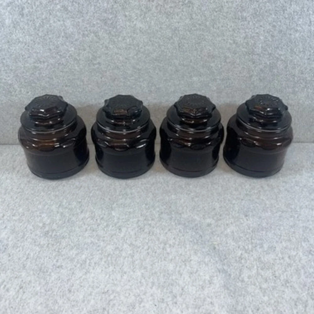 Set 4 Cremora VNTG 1970's Dark Amber Brown Glass Apothecary Jar  Starburst Lid